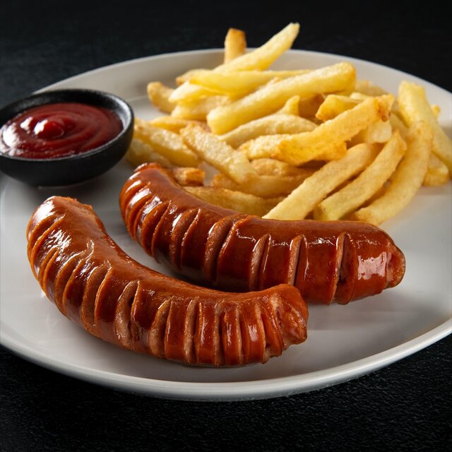 Russians and chips with tomato sauce